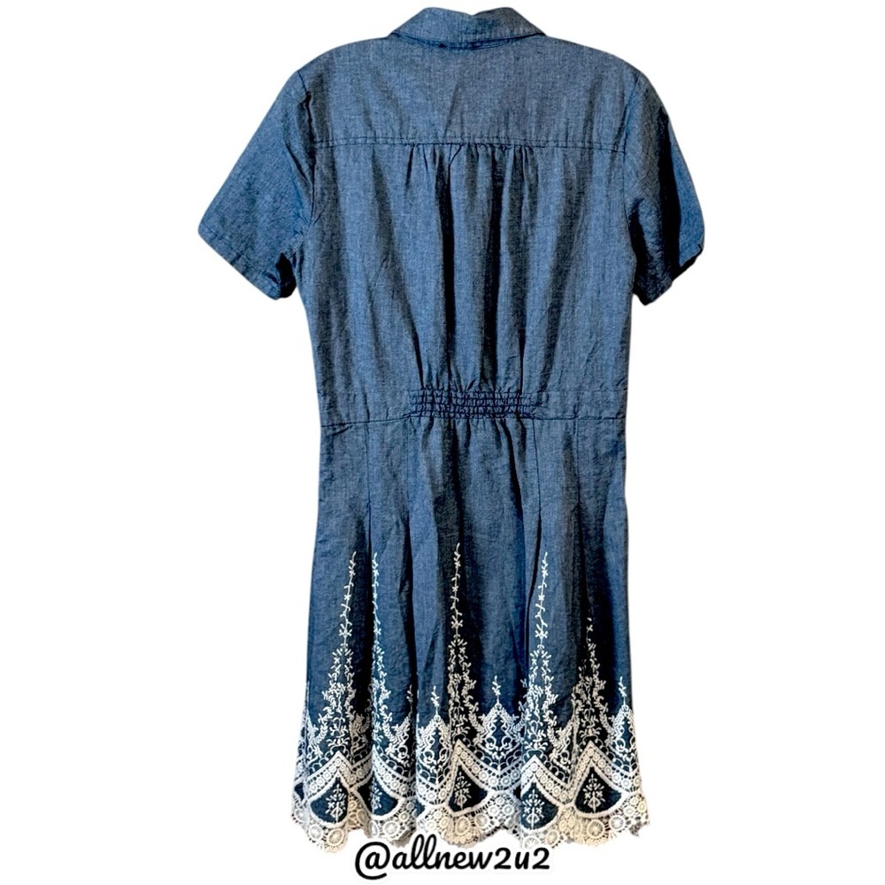ECI Lace Trim Denim Shirtdress Chambray Buttoned Polo Collar - Picture 7 of 16